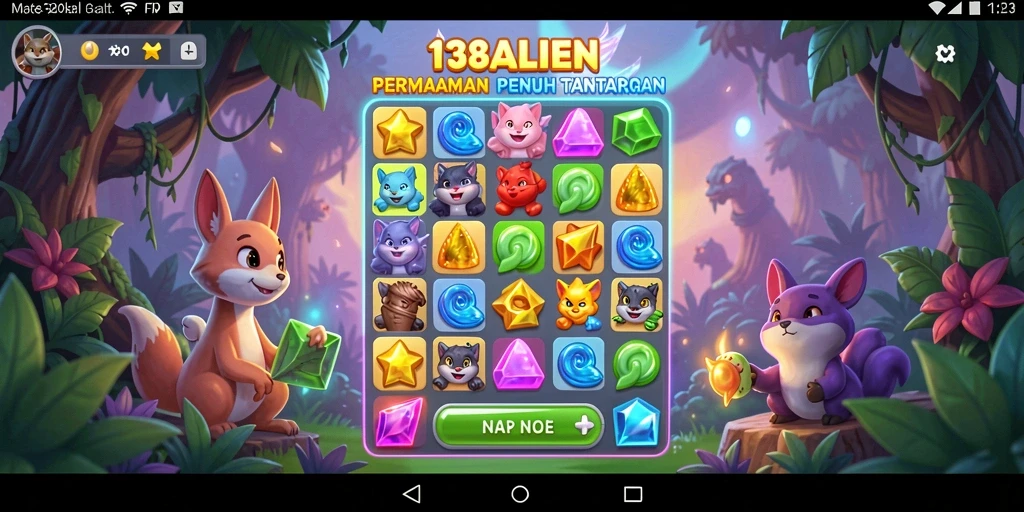 Tampilan gameplay seru dari 138ALIEN dengan elemen Match-3 yang berwarna-warni.