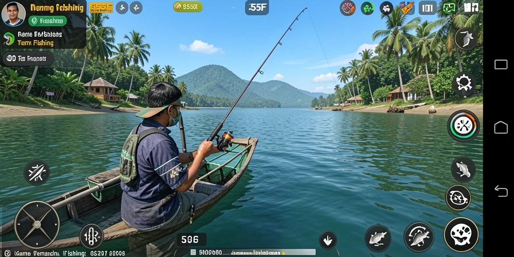 Screenshot gameplay 555F menampilkan aksi memancing yang seru dan menarik.