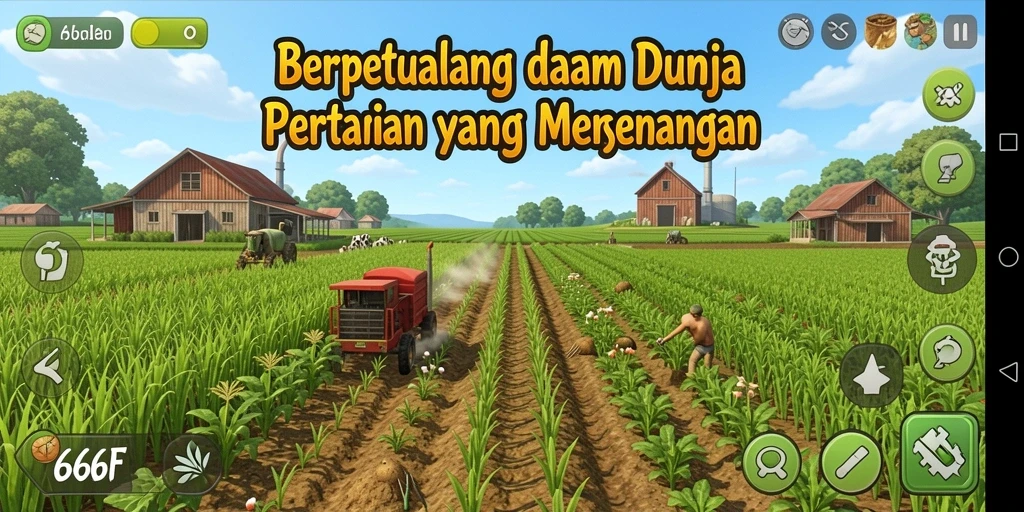 Screenshot gameplay <strong>666F</strong> menunjukkan kebun yang rapi dengan tanaman yang subur.