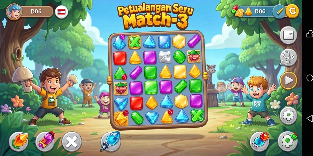 Screenshot D06 menunjukkan gameplay seru dalam mencocokkan permata.