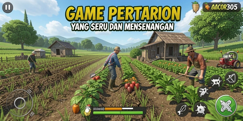 Tampilan permainan GACOR305 dengan berbagai tanaman dan hewan ternak.