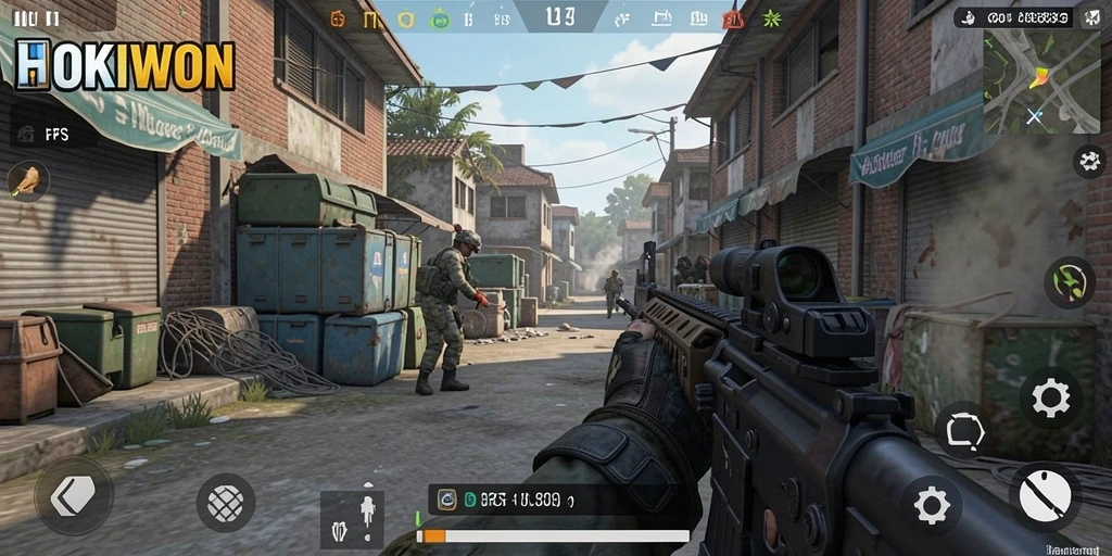 Tangkapan layar HOKIWON menampilkan aksi pertempuran FPS yang mendebarkan.