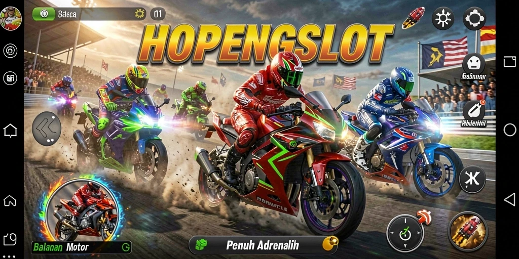 Screenshot gameplay HOPENGSLOT yang menunjukkan balapan motor mendebarkan.
