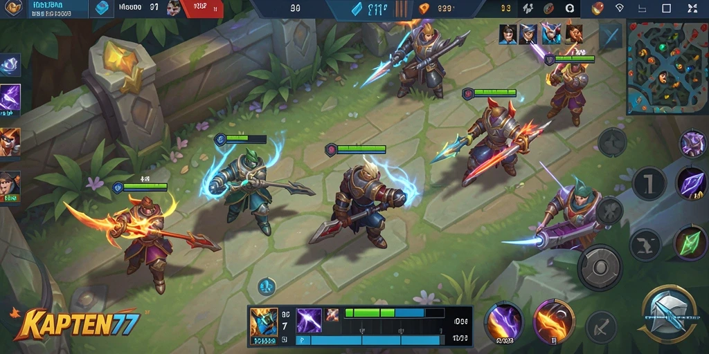 Tampilan screenshot KAPTEN77 dengan aksi gameplay MOBA yang intens.