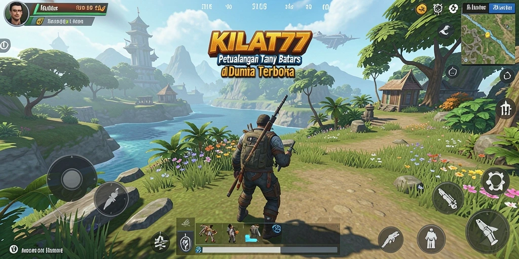 Tangkapan layar gameplay KILAT77 menunjukkan eksplorasi dunia terbuka yang luas.
