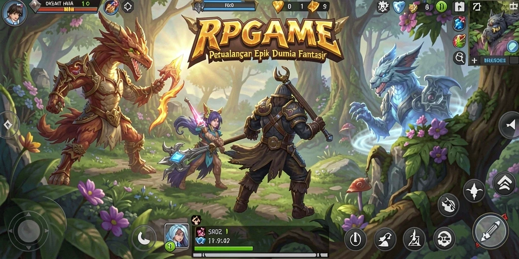 Screenshot RPGAME menampilkan karakter beraksi dalam pertempuran seru.