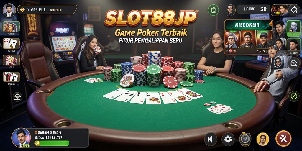 Tampilan gameplay poker di SLOT88JP dengan antarmuka menarik dan interaksi sosial.