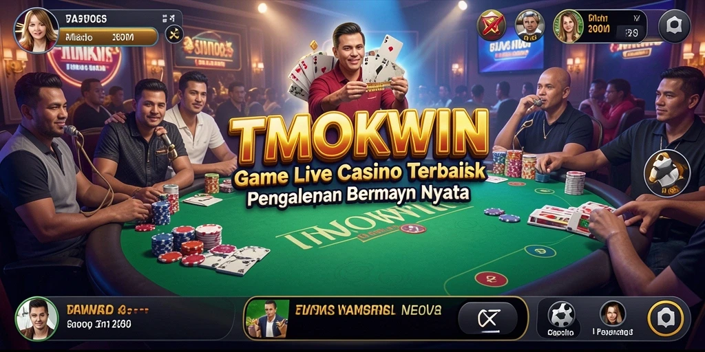 Screenshot gameplay TMOKWIN dengan dealer langsung dan suasana kasino yang realistis.